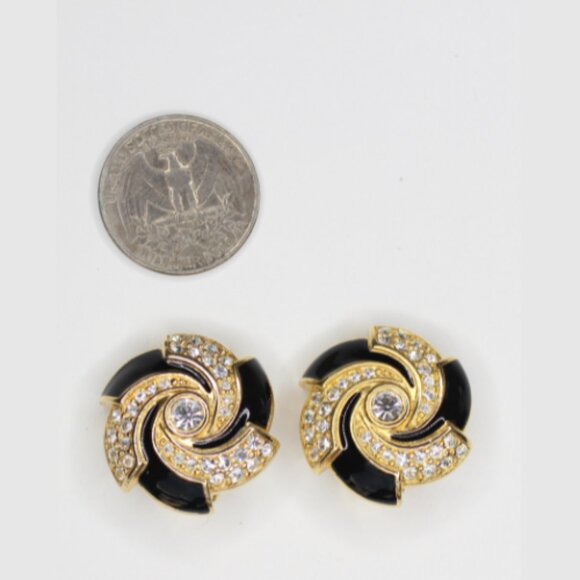 Vintage Swarovski Swirl Earrings Gold Tone Black Enamel Clear Pave Rhinestones - Picture 3 of 4